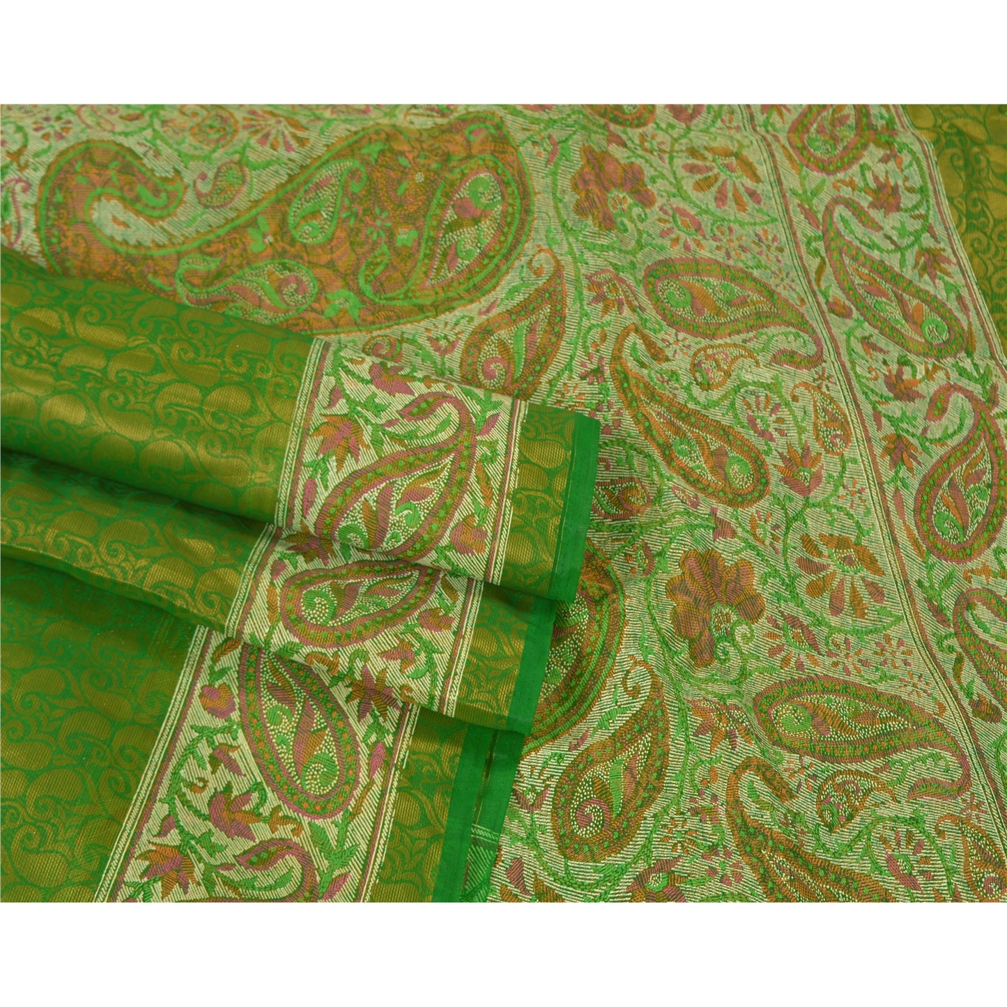 Sanskriti Vintage Green Indian Sarees Art Silk Woven Sari Craft 5 Yard Sustainable Fabric