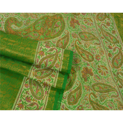 Sanskriti Vintage Green Indian Sarees Art Silk Woven Sari Craft 5 Yard Sustainable Fabric