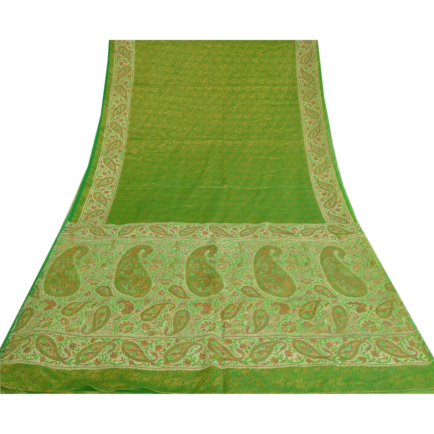 Sanskriti Vintage Green Indian Sarees Art Silk Woven Sari Craft 5 Yard Sustainable Fabric
