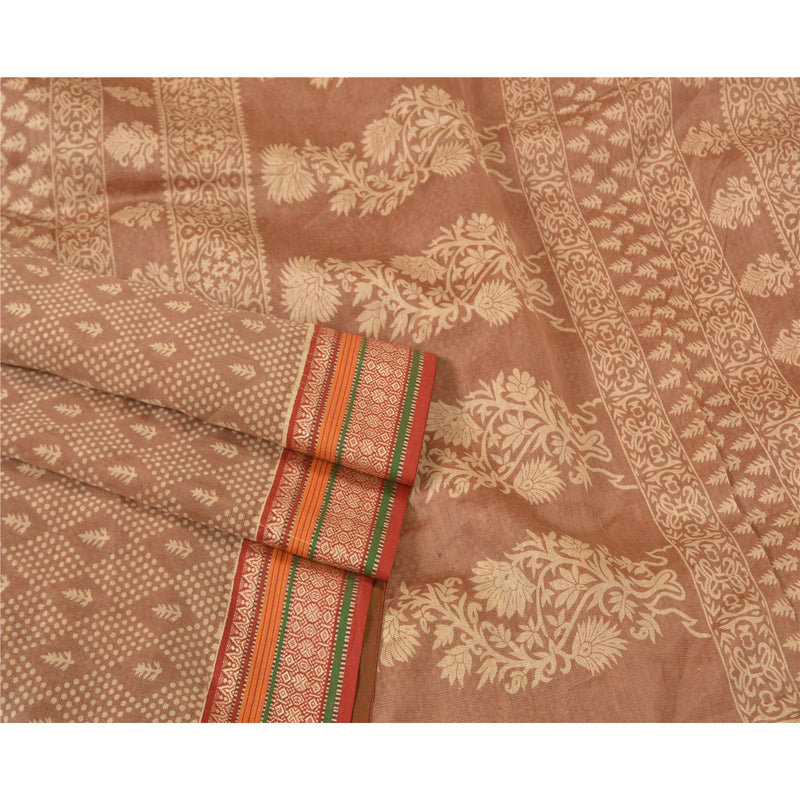 Sanskriti Vintage Brown Pure Silk Sari: Floral Paisley Print, Woven Craft Fabric (5yd) Add-Elegance to Table Linen, Curtains, Cushions