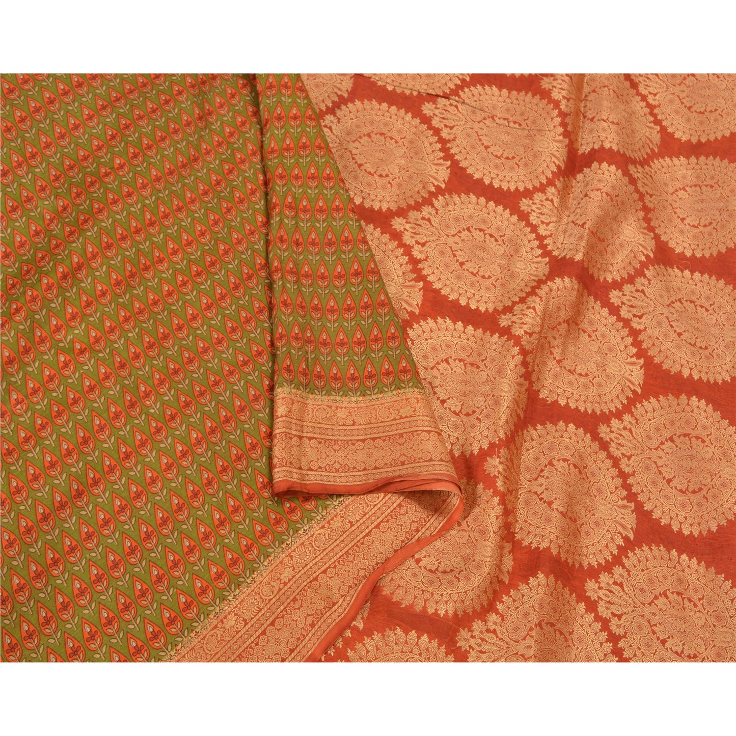 Sanskriti Vintage Green Sarees 100% Pure Silk Woven Printed Sari Craft Sustainable Fabric
