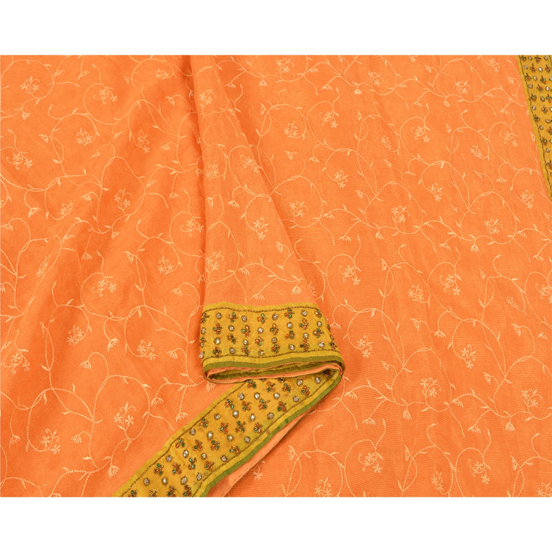 Sanskriti Vintage Bollywood Sarees Orange 100% Pure Georgette Silk Hand Beaded Sari Sustainable Fabric
