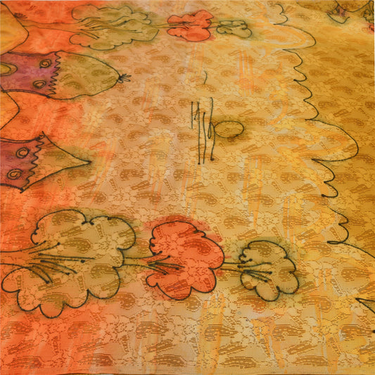 Sanskriti Vintage Yellow Sarees Net Mesh Printed Woven Premium Sari Craft Sustainable Fabric