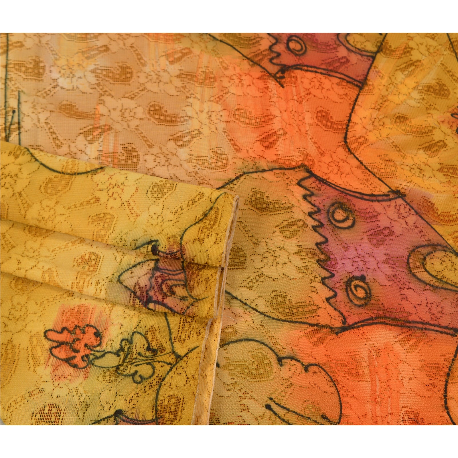 Sanskriti Vintage Gule Sarees Net Mesh Trykt Vævet Premium Sari Håndværk Bæredygtigt Stoff