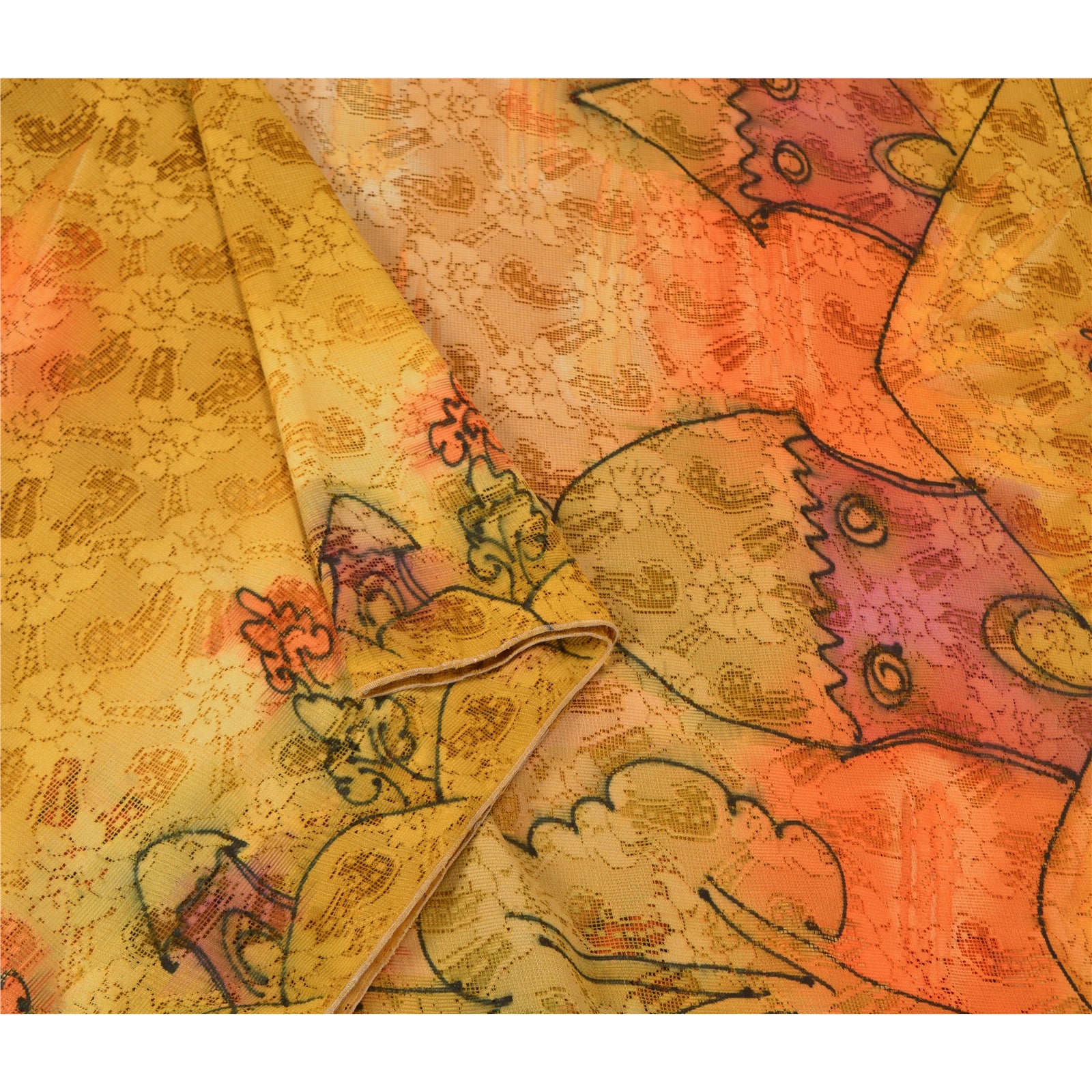 Sanskriti Vintage Gule Sarees Net Mesh Trykt Vævet Premium Sari Håndværk Bæredygtigt Stoff