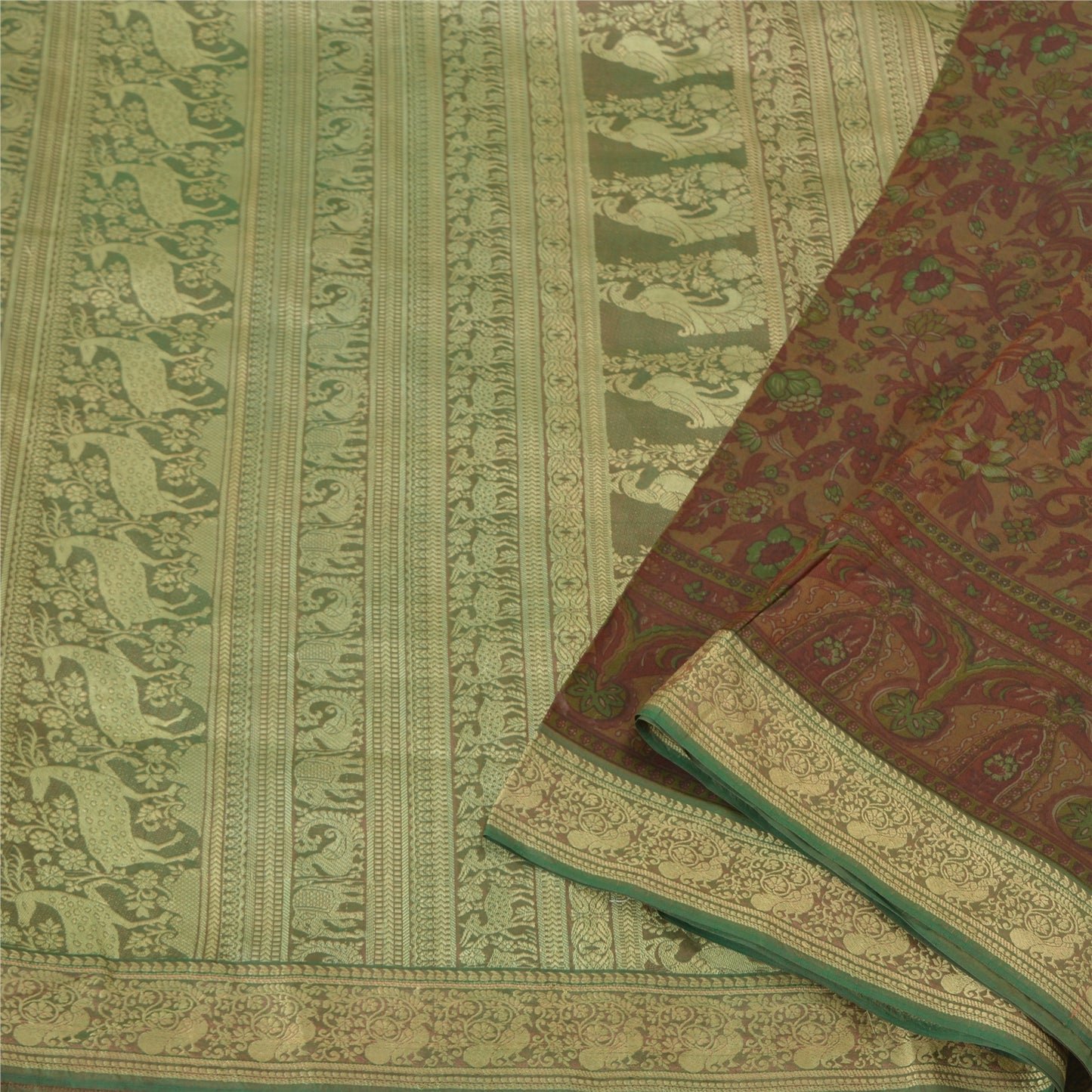 Sanskriti Vintage Brown Sarees 100% Pure Silk Woven Baluchari Human Sari Sustainable Fabric