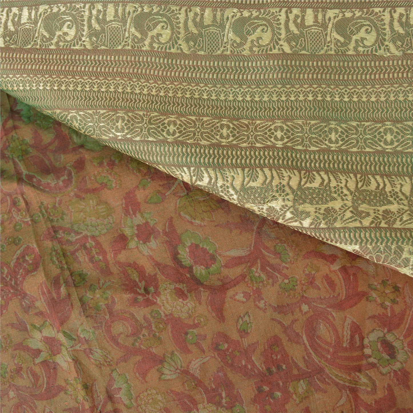 Sanskriti Vintage Brown Sarees 100% Pure Silk Woven Baluchari Human Sari Sustainable Fabric
