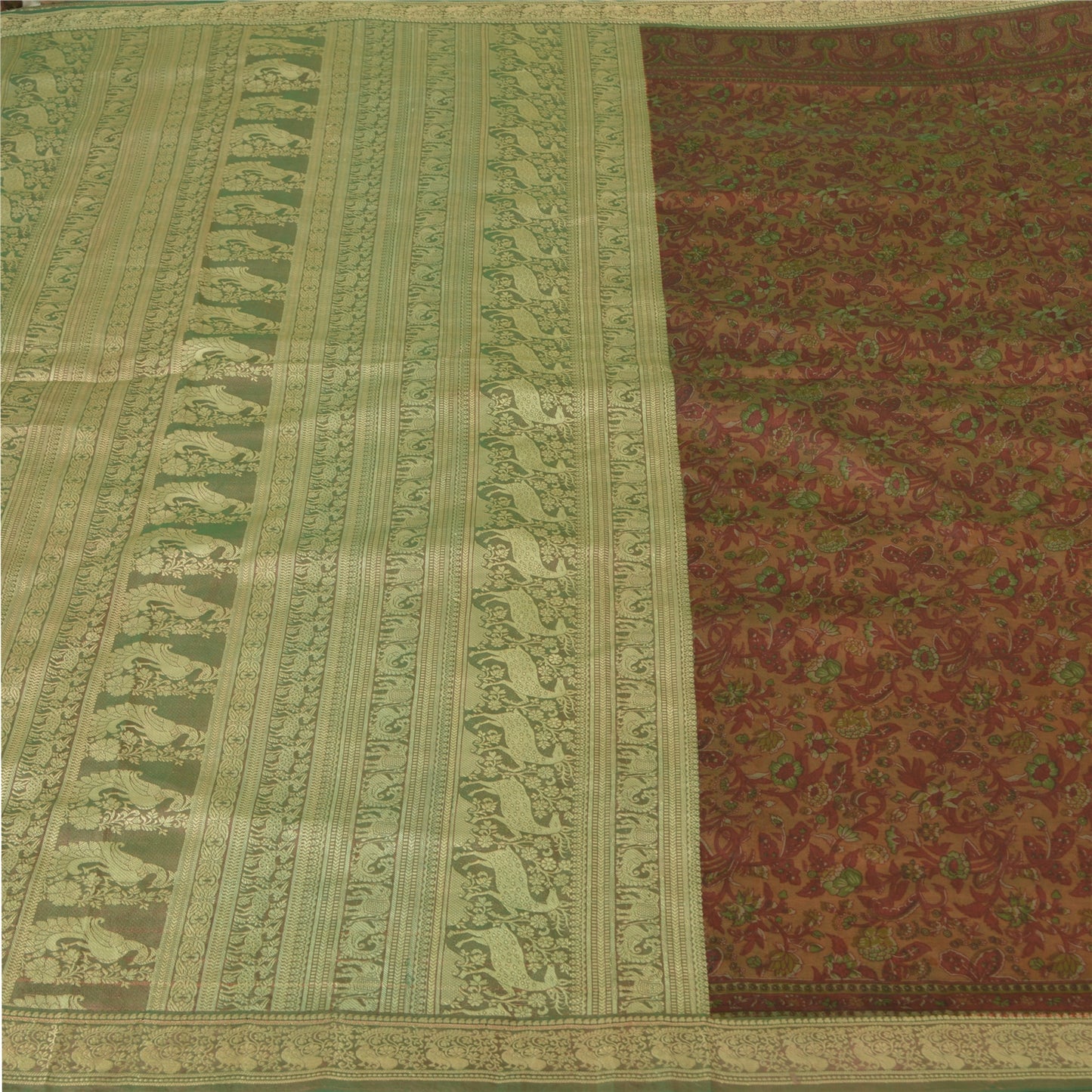 Sanskriti Vintage Brown Sarees 100% Pure Silk Woven Baluchari Human Sari Sustainable Fabric