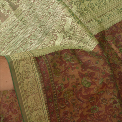 Sanskriti Vintage Brown Sarees 100% Pure Silk Woven Baluchari Human Sari Sustainable Fabric
