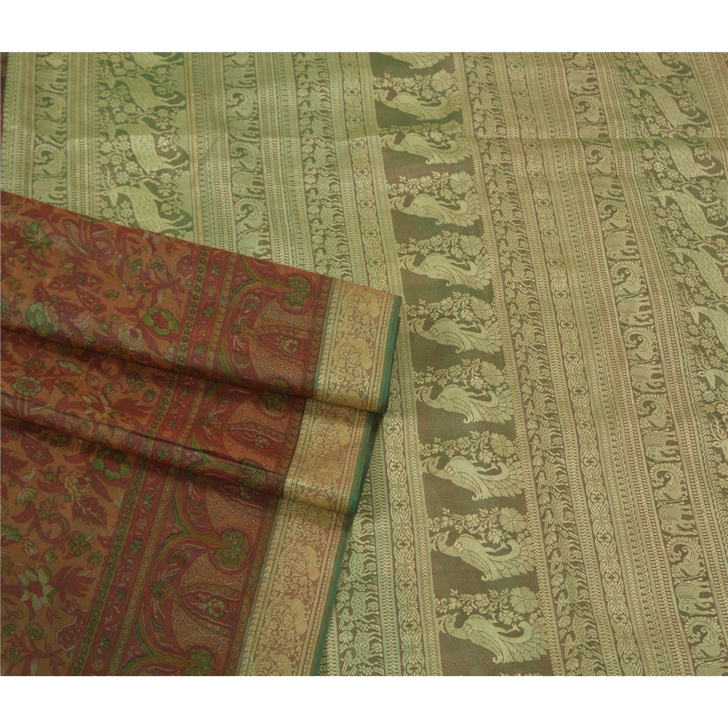 Sanskriti Vintage Brown Sarees 100% Pure Silk Woven Baluchari Human Sari Sustainable Fabric