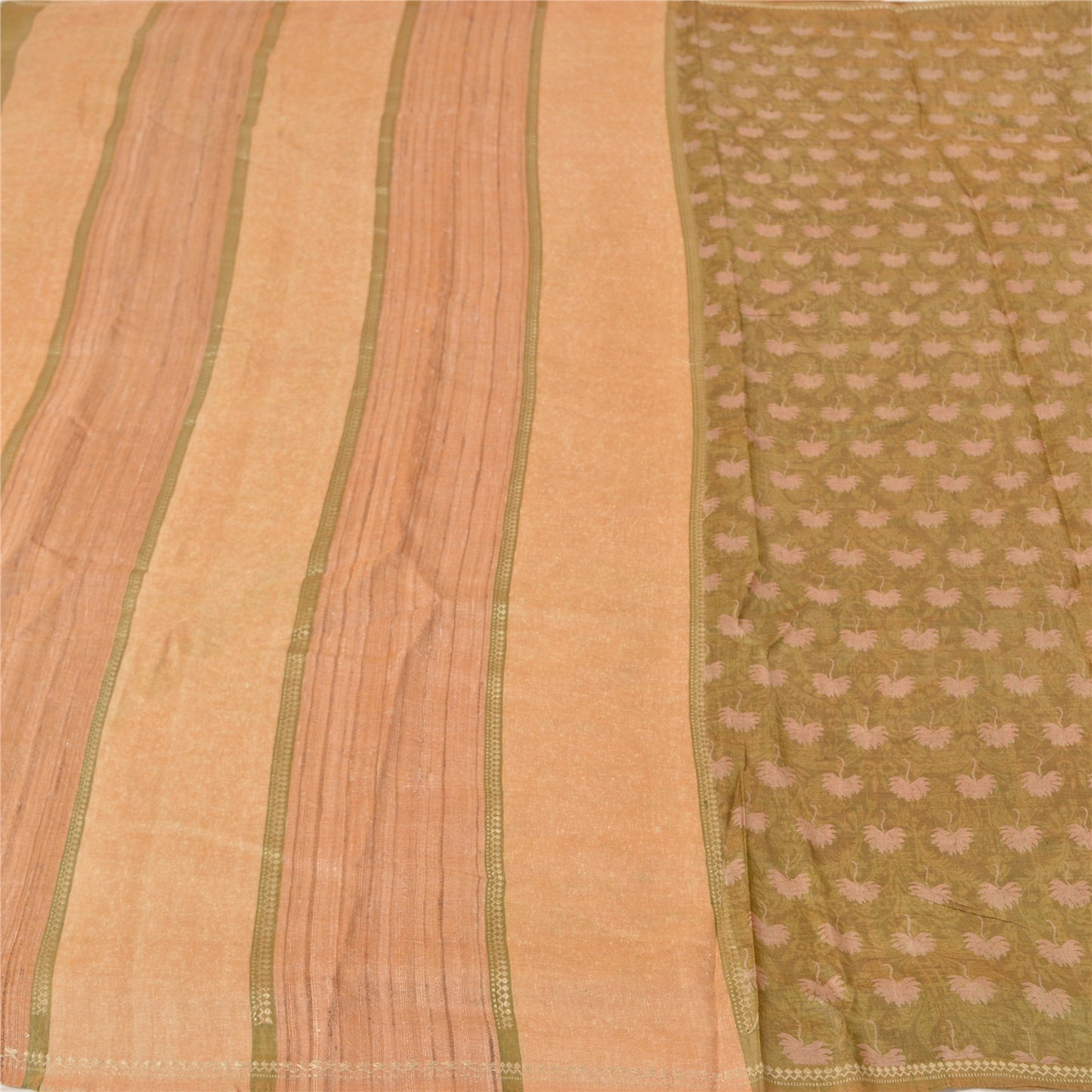 Sanskriti Vintage Green Indian Sarees Pure Silk Printed Woven Sari Craft Sustainable Fabric