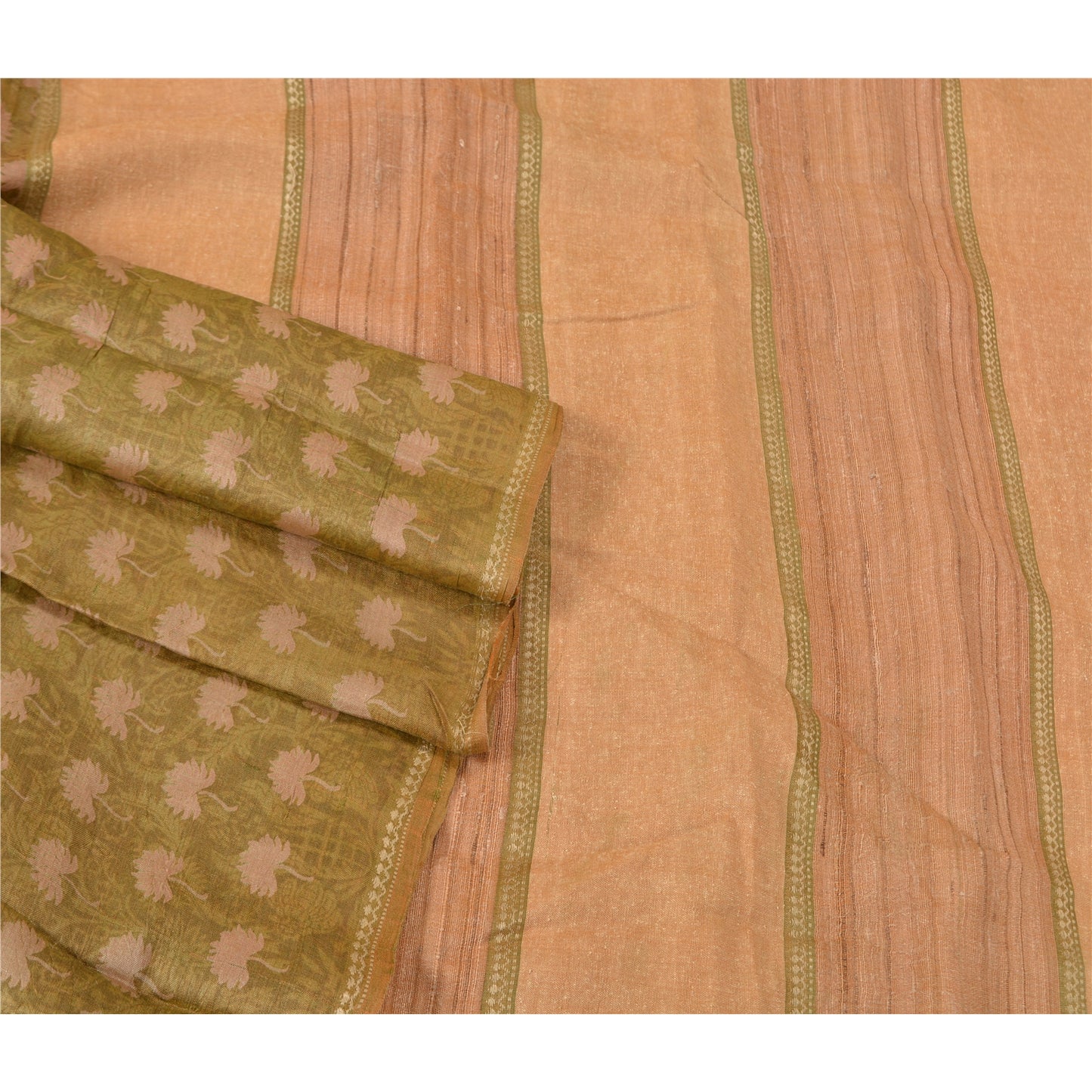 Sanskriti Vintage Green Indian Sarees Pure Silk Printed Woven Sari Craft Sustainable Fabric