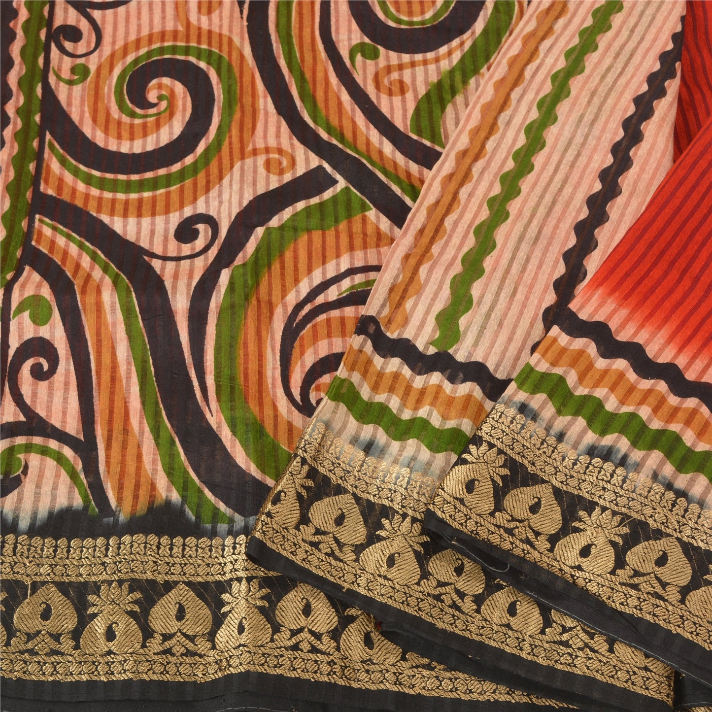 Sanskriti Vintage Dark Orange Sarees Pure Silk Printed Woven Sari Craft Sustainable Fabric