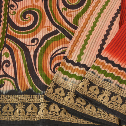 Sanskriti Vintage Dark Orange Sarees Pure Silk Printed Woven Sari Craft Sustainable Fabric