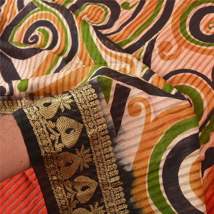 Sanskriti Vintage Dark Orange Sarees Pure Silk Printed Woven Sari Craft Sustainable Fabric