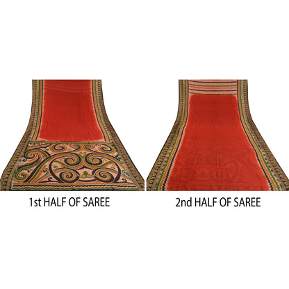 Sanskriti Vintage Dark Orange Sarees Pure Silk Printed Woven Sari Craft Sustainable Fabric