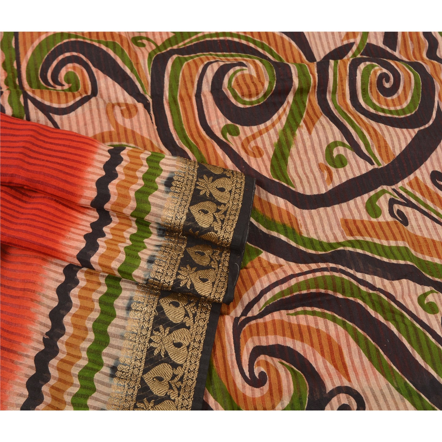 Sanskriti Vintage Dark Orange Sarees Pure Silk Printed Woven Sari Craft Sustainable Fabric