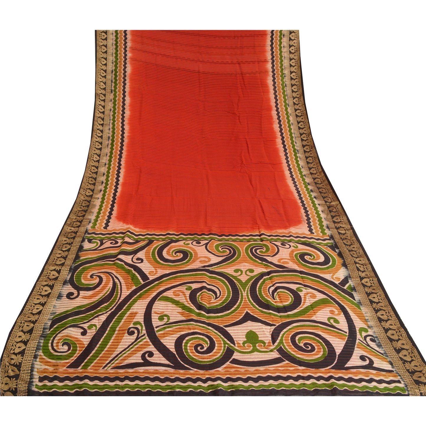 Sanskriti Vintage Dark Orange Sarees Pure Silk Printed Woven Sari Craft Sustainable Fabric