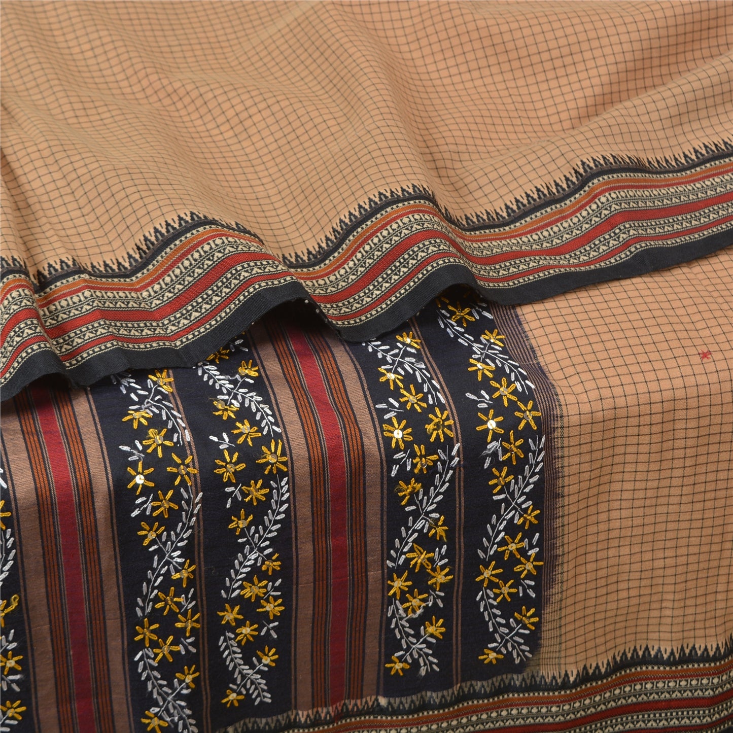 Санскрити Винтаж Коричневые Сари Смесовый Хлопок Ручной Работы Бисером Премиум Сари Экологичная Ткань