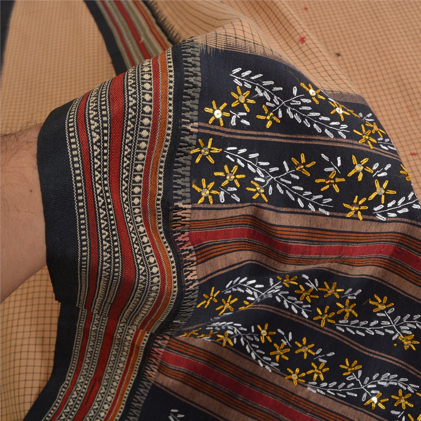 Санскрити Винтаж Коричневые Сари Смесовый Хлопок Ручной Работы Бисером Премиум Сари Экологичная Ткань