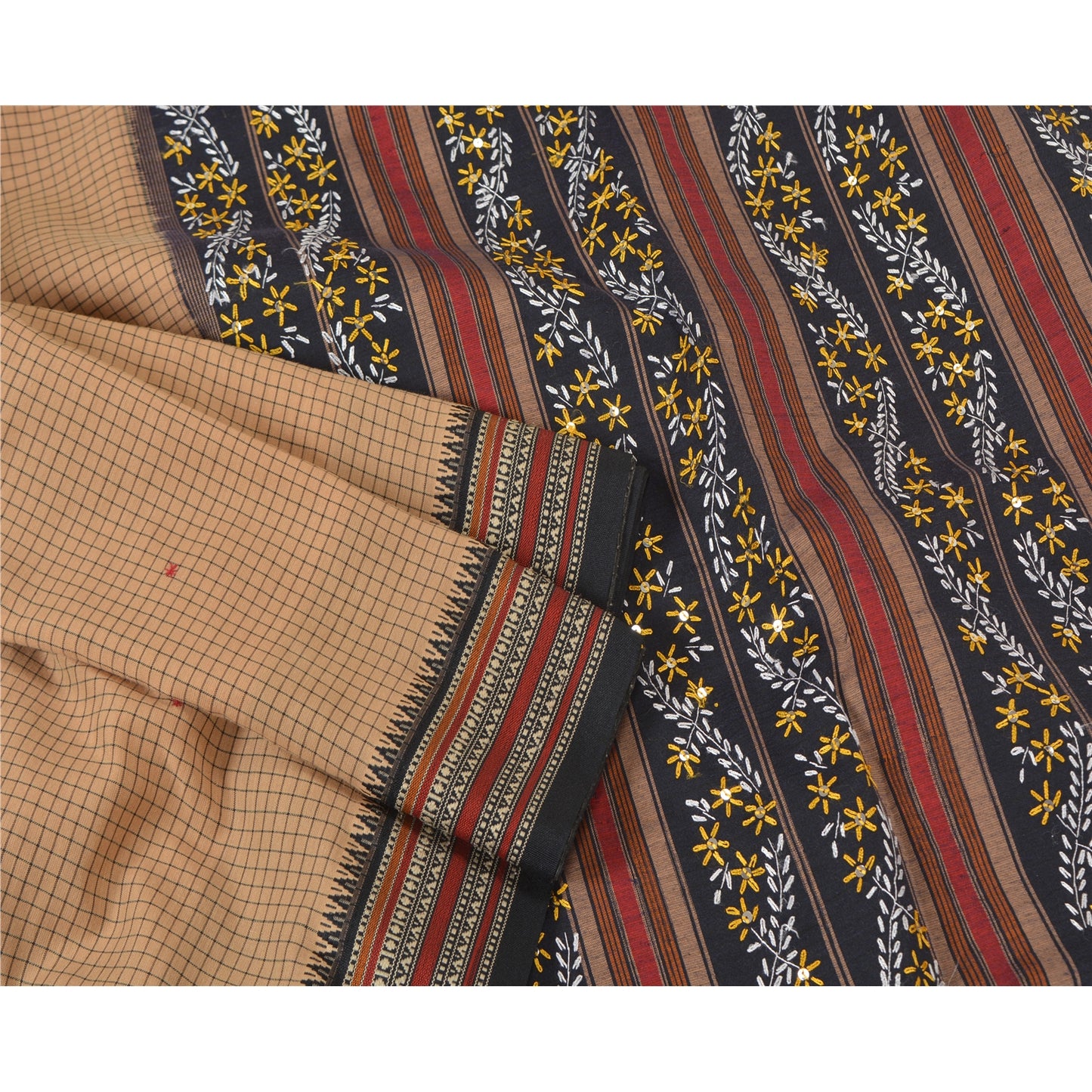 Санскрити Винтаж Коричневые Сари Смесовый Хлопок Ручной Работы Бисером Премиум Сари Экологичная Ткань