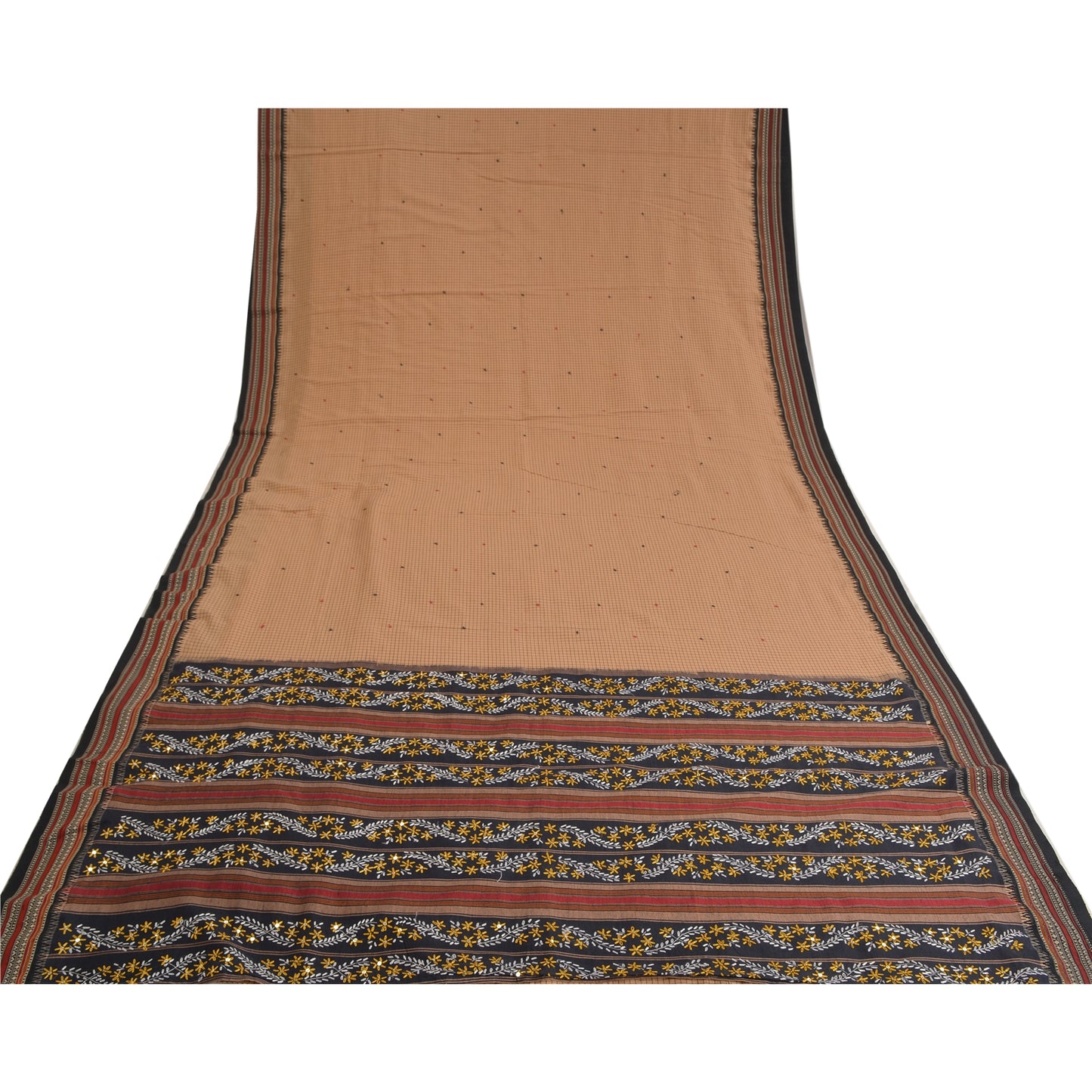 Санскрити Винтаж Коричневые Сари Смесовый Хлопок Ручной Работы Бисером Премиум Сари Экологичная Ткань