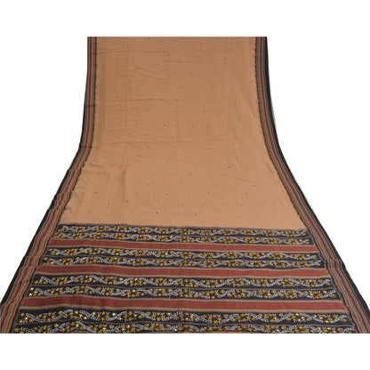 Санскрити Винтаж Коричневые Сари Смесовый Хлопок Ручной Работы Бисером Премиум Сари Экологичная Ткань