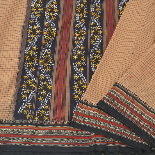 Sanskriti Vintage Brown Sarees Blend Cotton Hand Beaded Premium Sari Sustainable Fabric