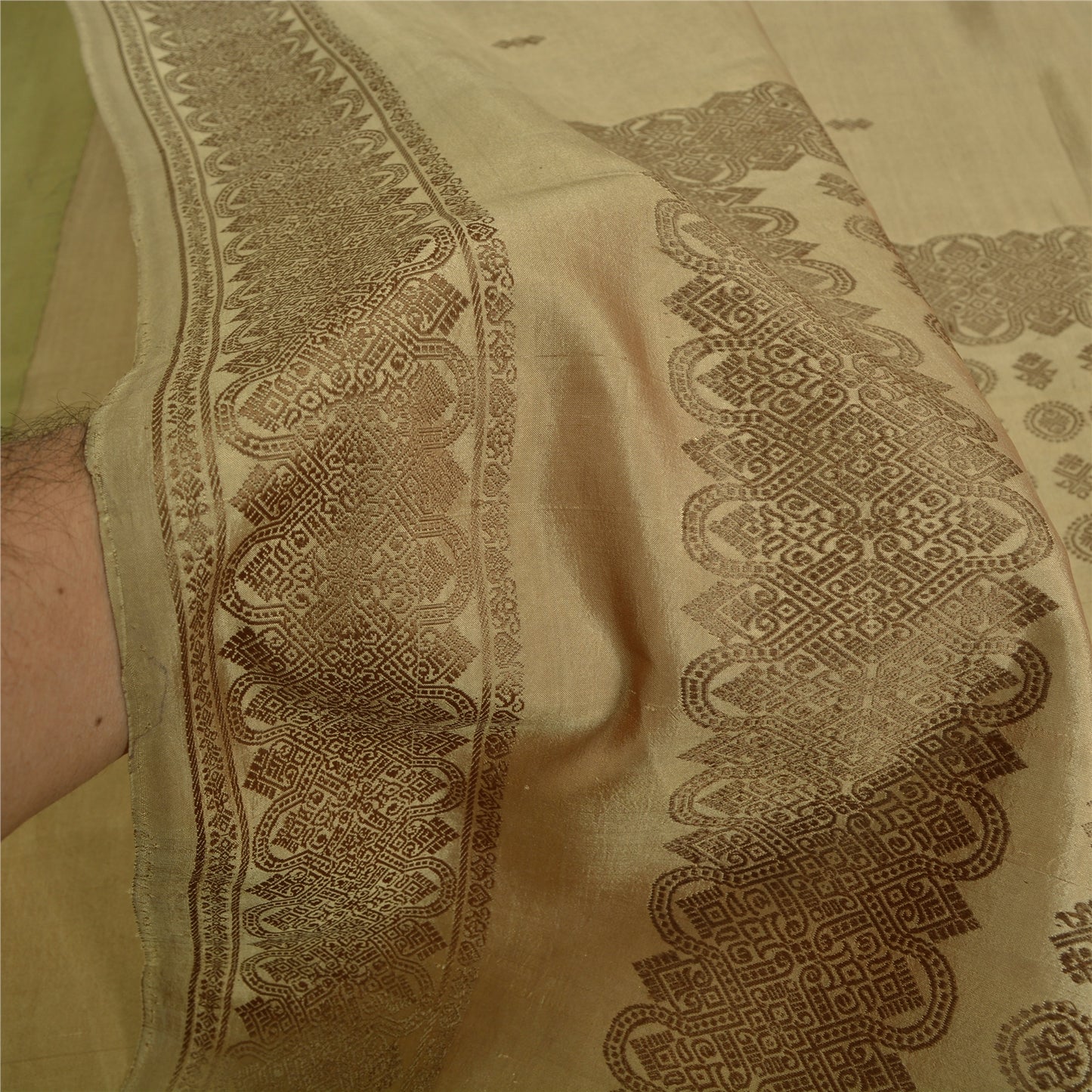 Sanskriti Vintage Olive Green Sarees Pure Silk Woven Premium Sari Craft Sustainable Fabric