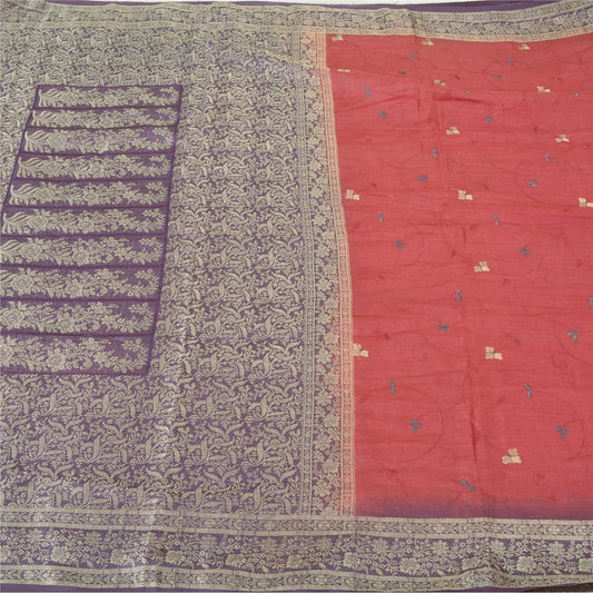 Sanskriti Vintage Purple Sarees Pure Silk Embroidered Woven Sari Craft Sustainable Fabric