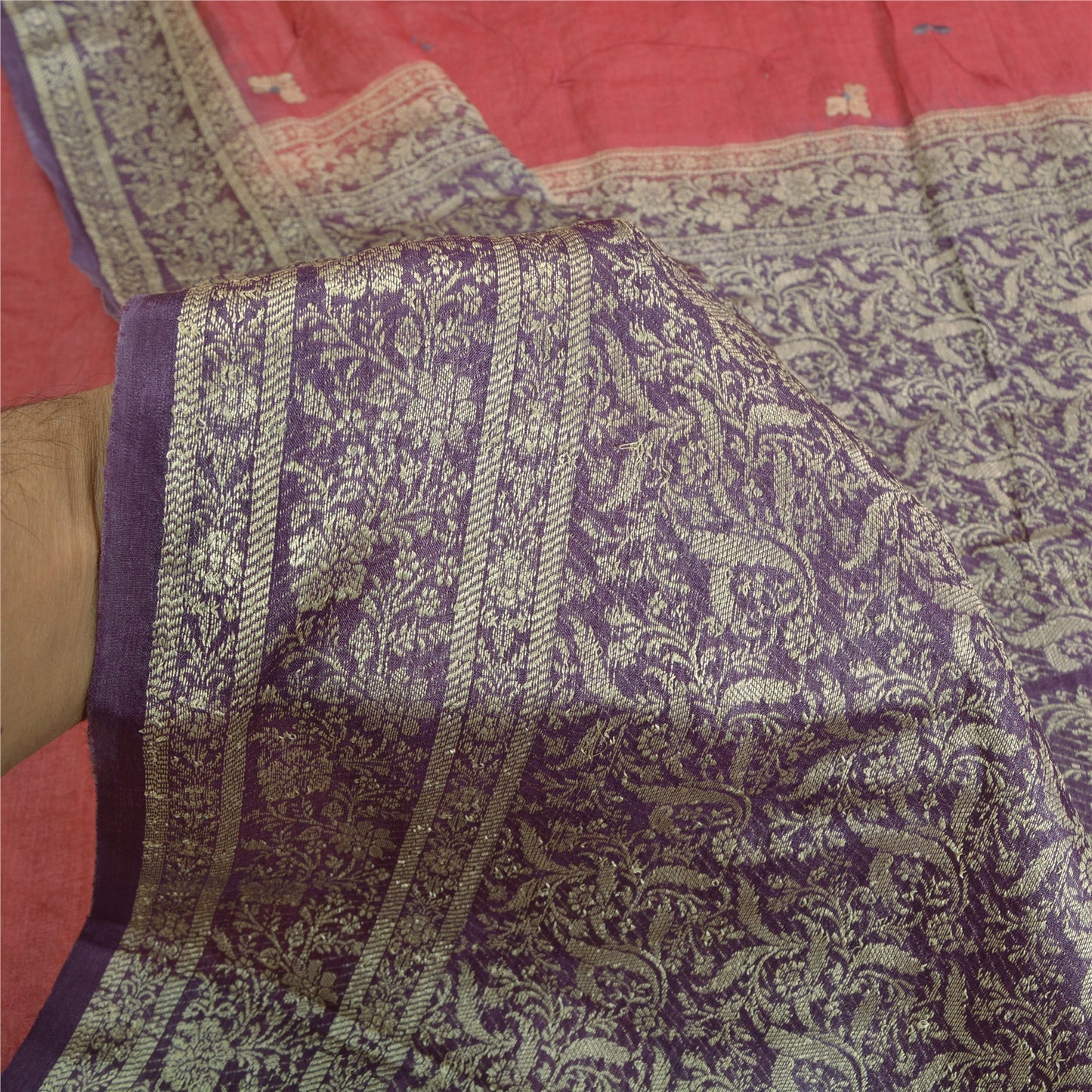 Sanskriti Vintage Purple Sarees Pure Silk Embroidered Woven Sari Craft Sustainable Fabric