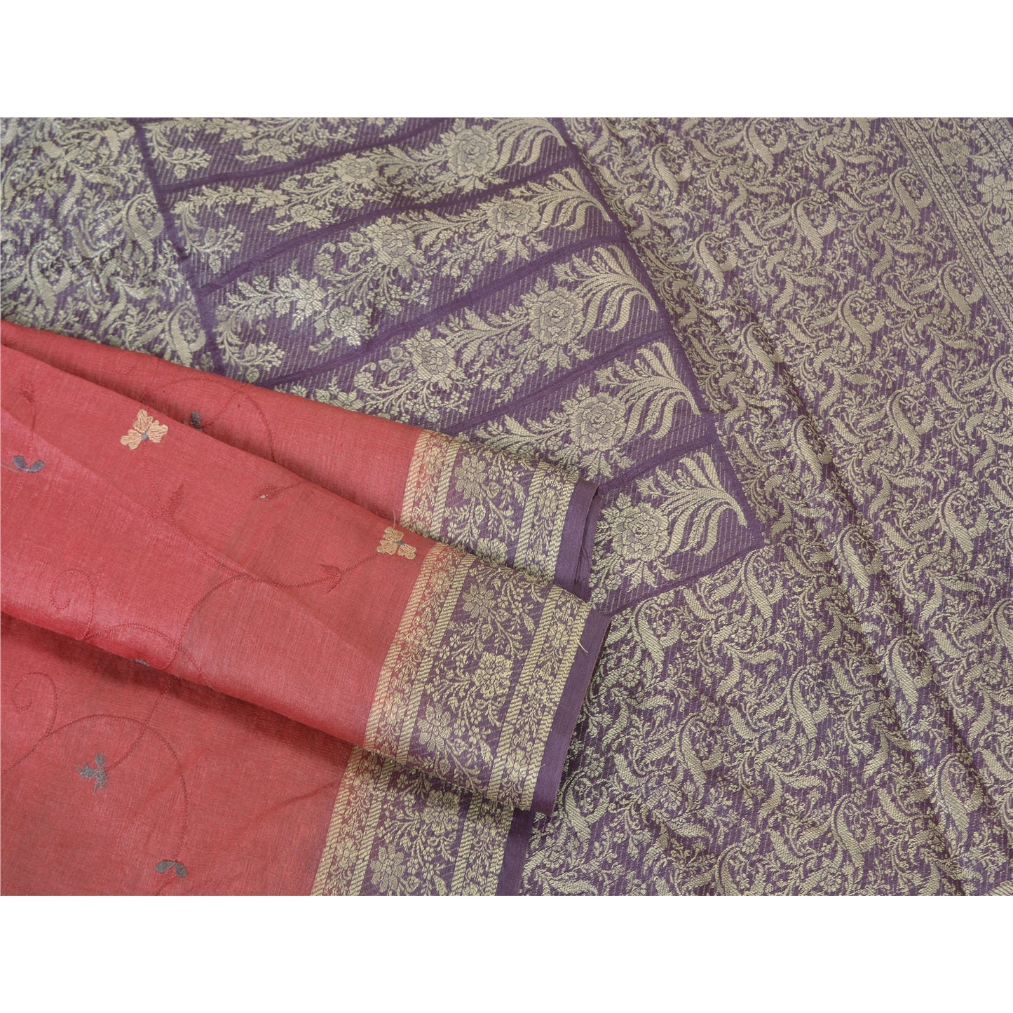 Sanskriti Vintage Purple Sarees Pure Silk Embroidered Woven Sari Craft Sustainable Fabric