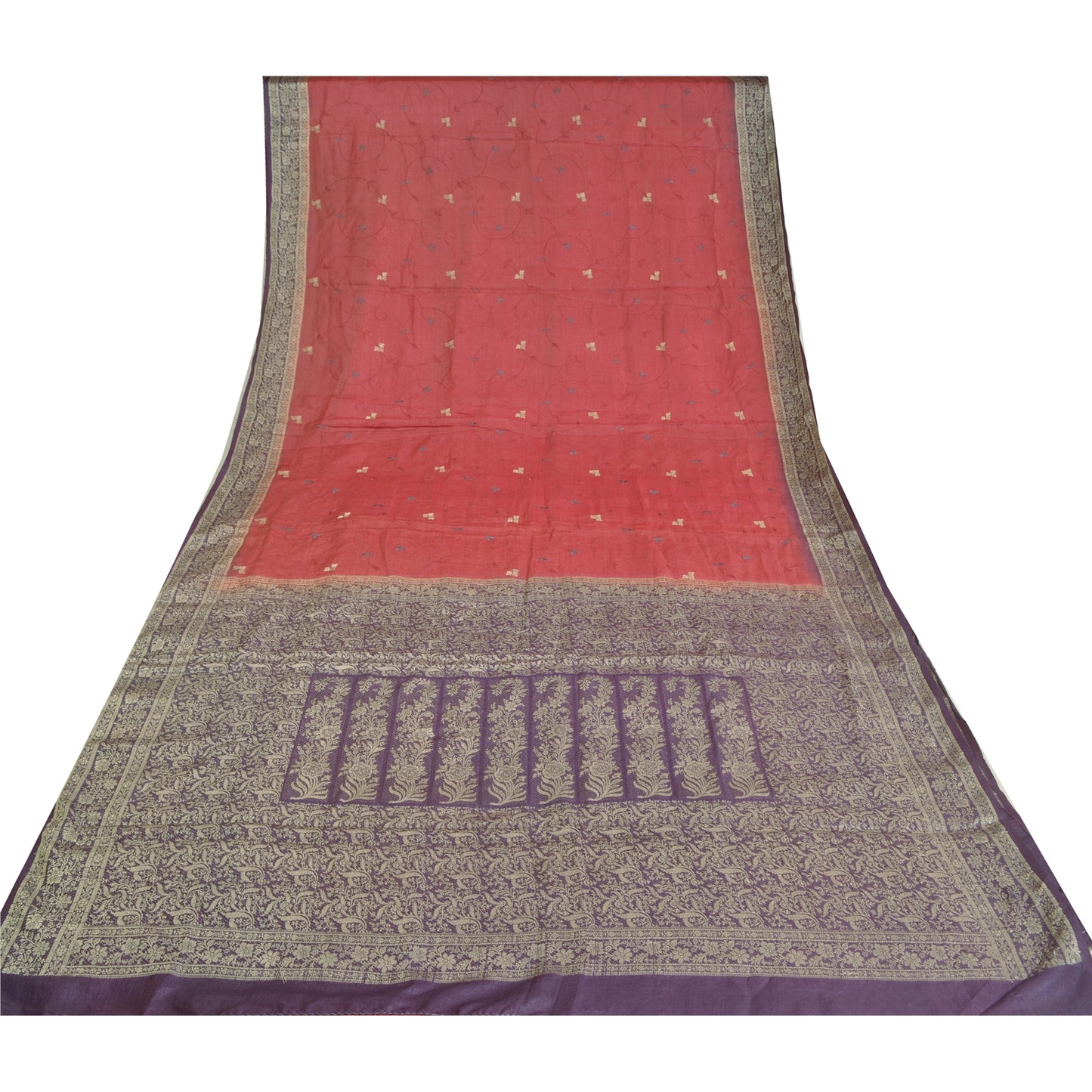 Sanskriti Vintage Purple Sarees Pure Silk Embroidered Woven Sari Craft Sustainable Fabric