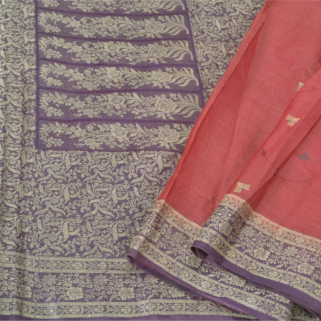 Sanskriti Vintage Purple Sarees Pure Silk Embroidered Woven Sari Craft Sustainable Fabric