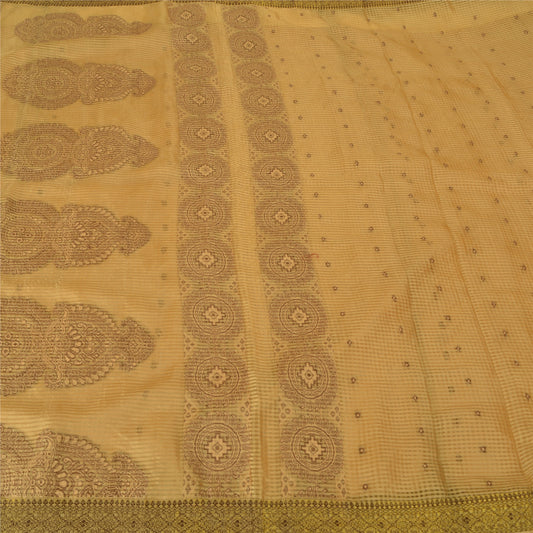 Sanskriti Vintage Cream Indian Sarees Cotton Woven Kota Doria Sari 5 Yard Sustainable Fabric