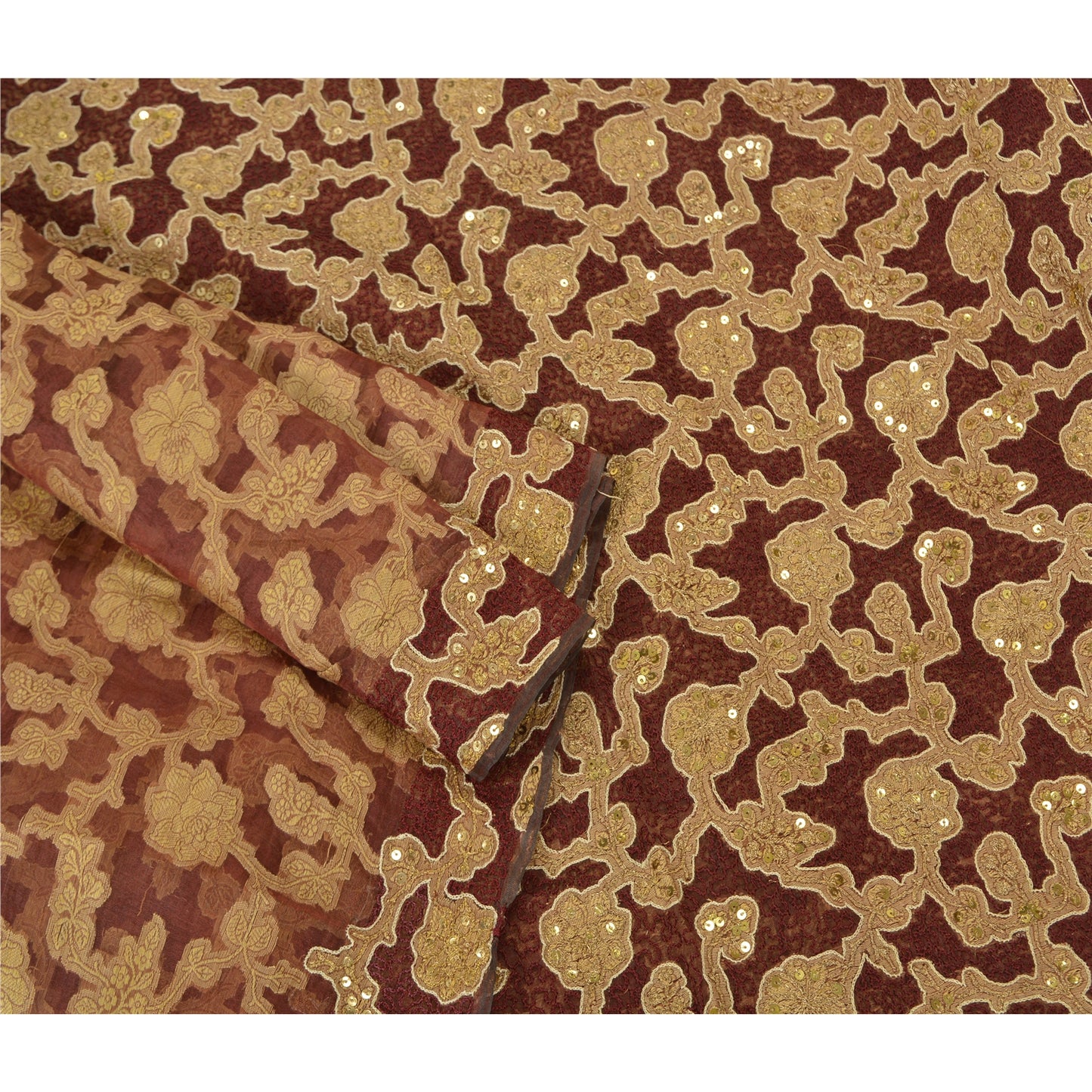 Sanskriti Vintage Dark Red Sarees Pure Organza Silk Handmade Woven Sari Sustainable Fabric