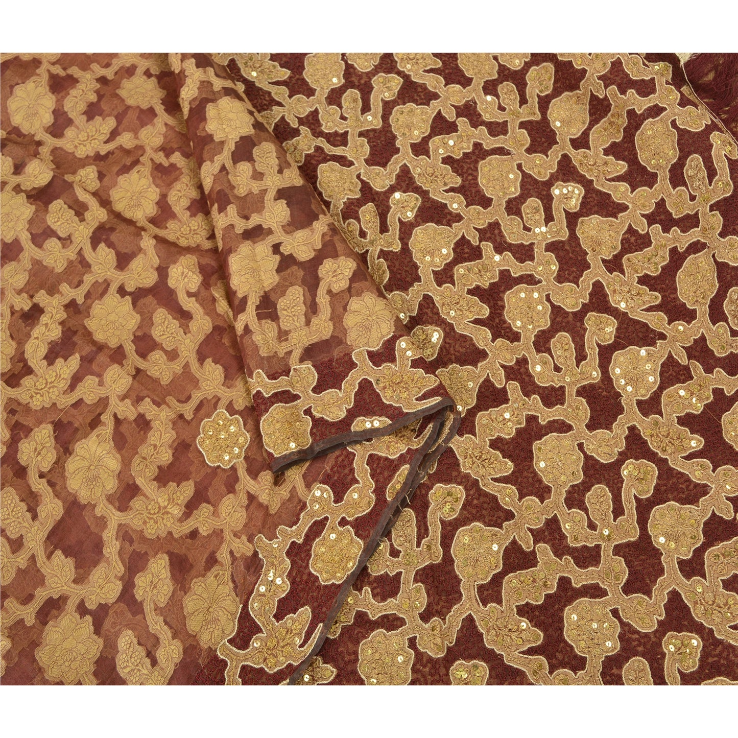 Sanskriti Vintage Dark Red Sarees Pure Organza Silk Handmade Woven Sari Sustainable Fabric