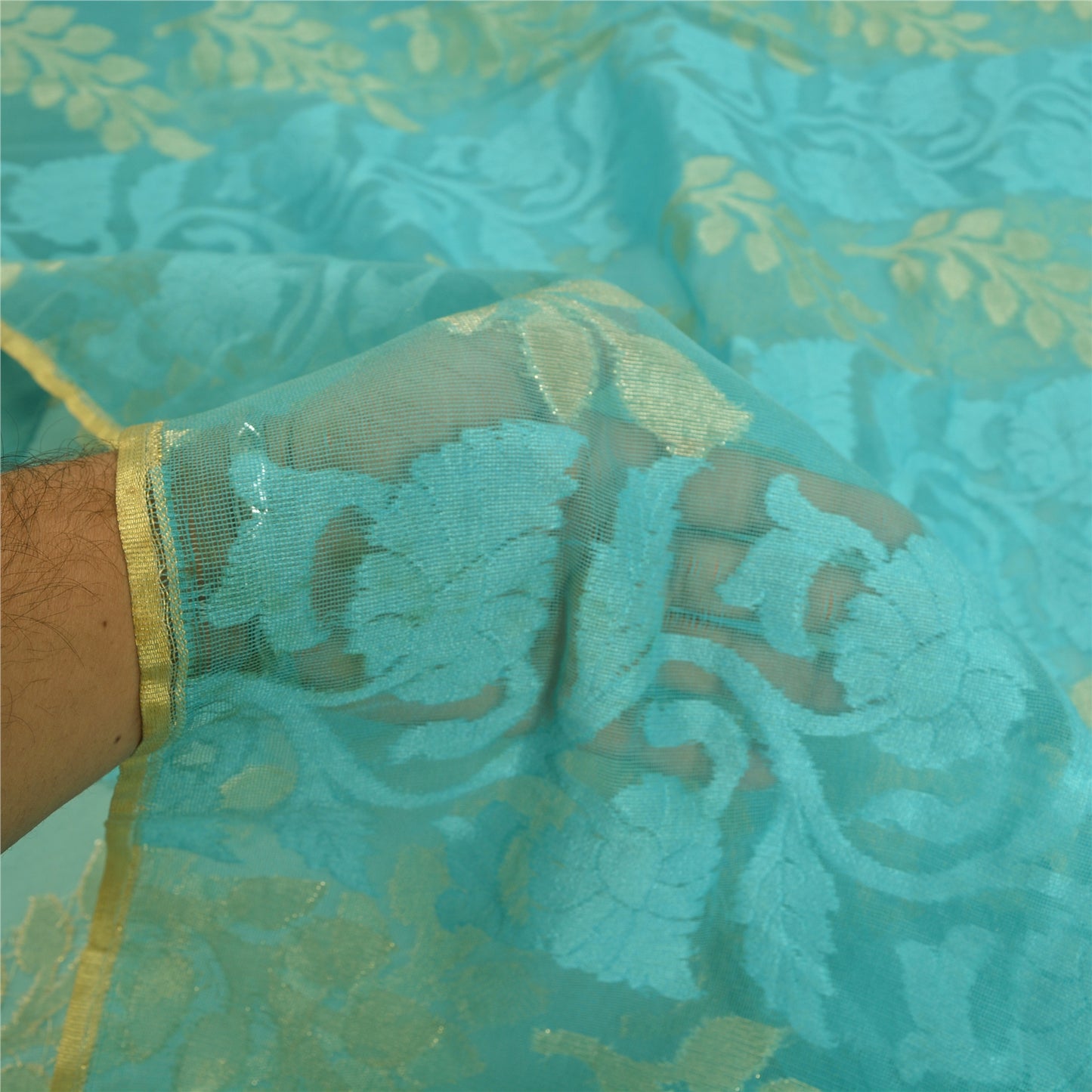 Sanskriti Vintage Blå Indiske Sarees Netvævet Sari 5 Yard Håndværksmæssigt Bæredygtigt Stoff