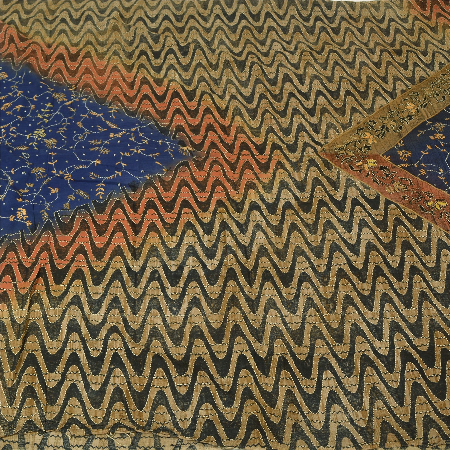 Sanskriti Vintage Blue Sarees Pure Crepe Silk Hand Beaded Kantha Sari Sustainable Fabric