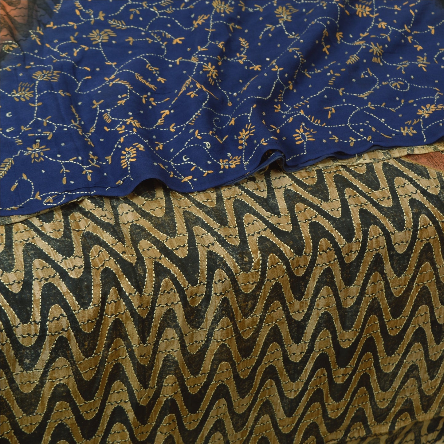 Sanskriti Vintage Blue Sarees Pure Crepe Silk Hand Beaded Kantha Sari Sustainable Fabric