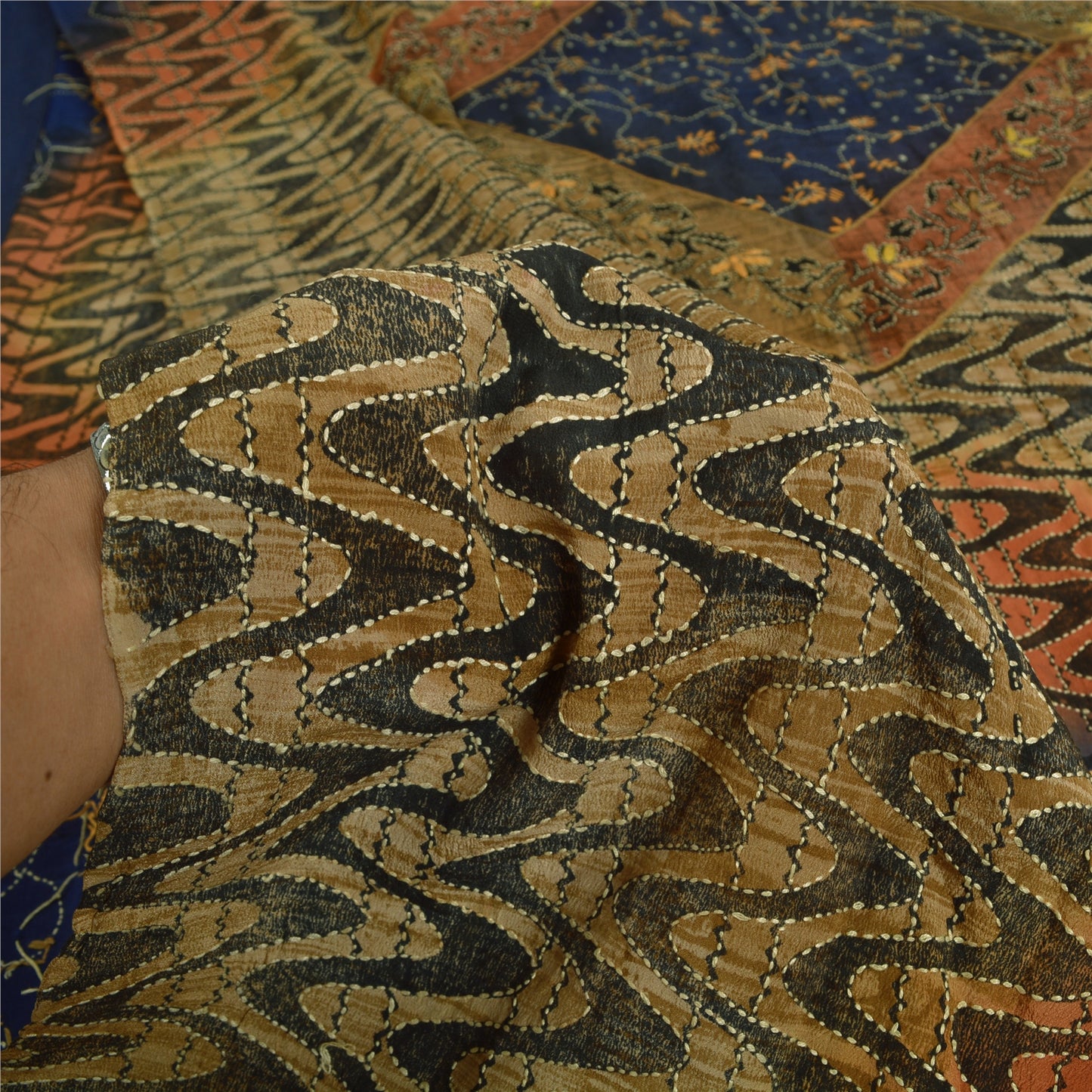 Sanskriti Vintage Blue Sarees Pure Crepe Silk Hand Beaded Kantha Sari Sustainable Fabric