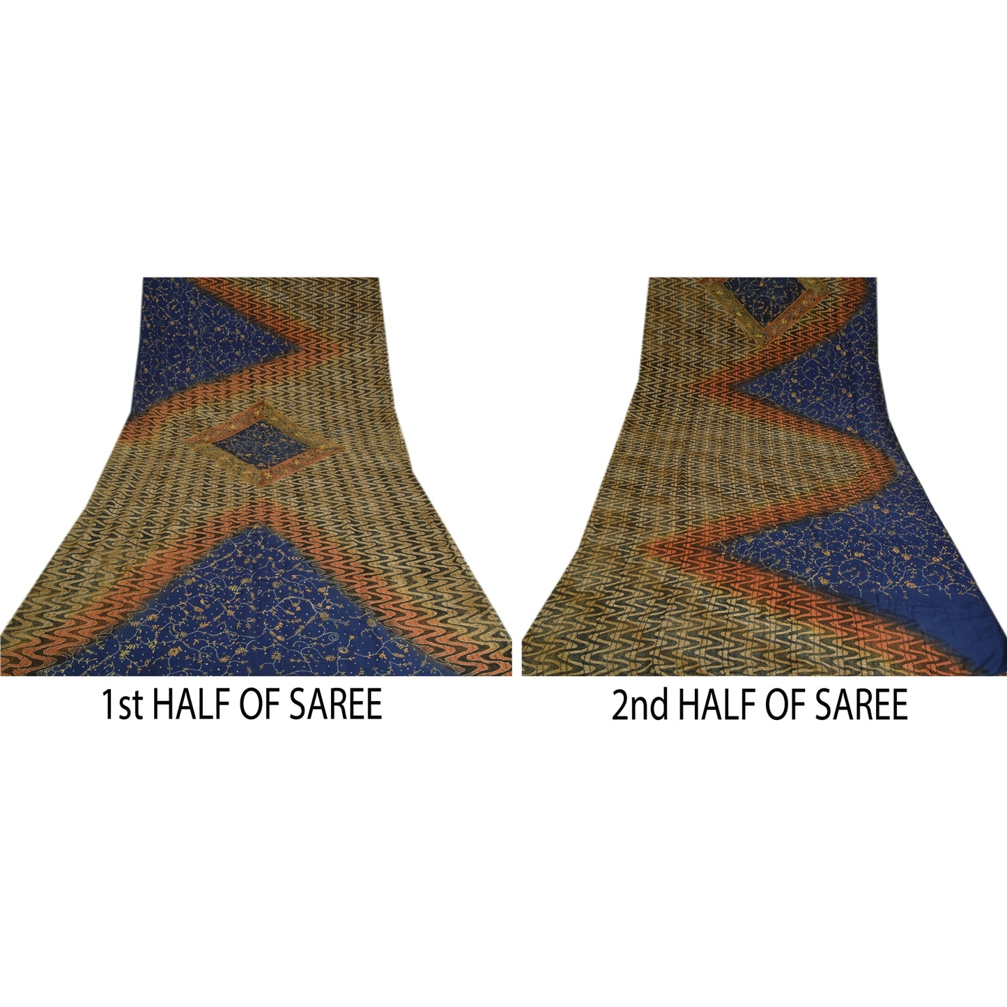 Sanskriti Vintage Blue Sarees Pure Crepe Silk Hand Beaded Kantha Sari Sustainable Fabric