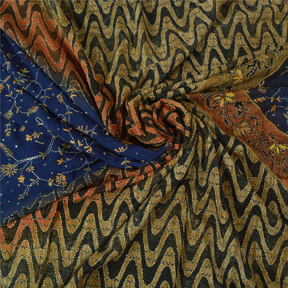 Sanskriti Vintage Blue Sarees Pure Crepe Silk Hand Beaded Kantha Sari Sustainable Fabric