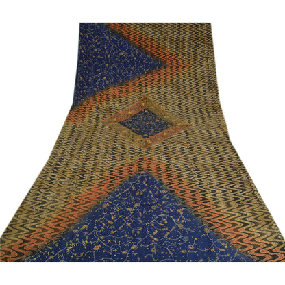 Sanskriti Vintage Blue Sarees Pure Crepe Silk Hand Beaded Kantha Sari Sustainable Fabric