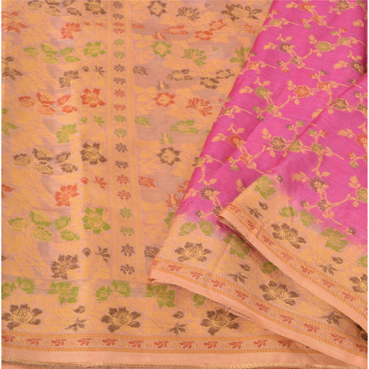 Sanskriti Vintage Pink Sarees 100% Ren Silke Vævet Premium Sari Håndværk Bæredygtigt Stoff