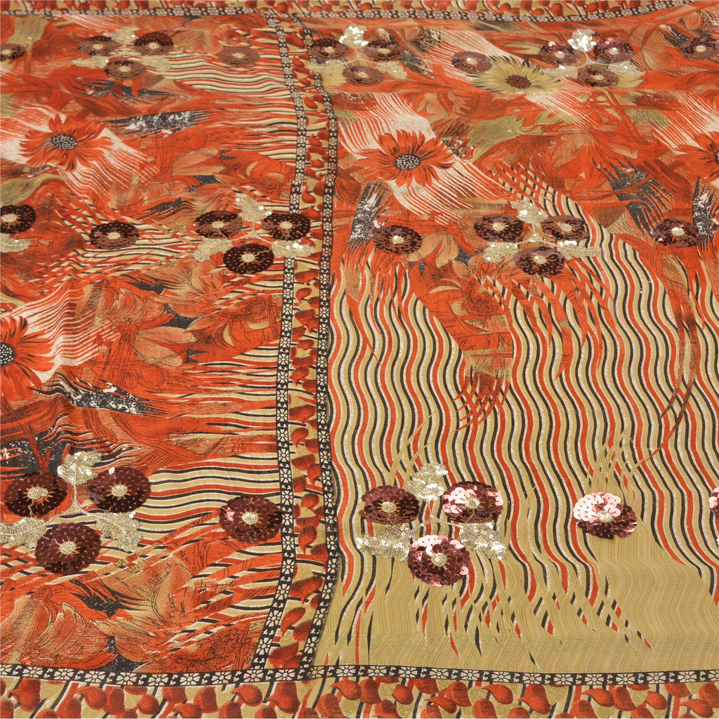 Sanskriti Vintage Orange Georgette Sari Fabric: Hand-Beaded Floral Design, 5yd Add-Elegance to Table Linen, Curtains, or Cushions