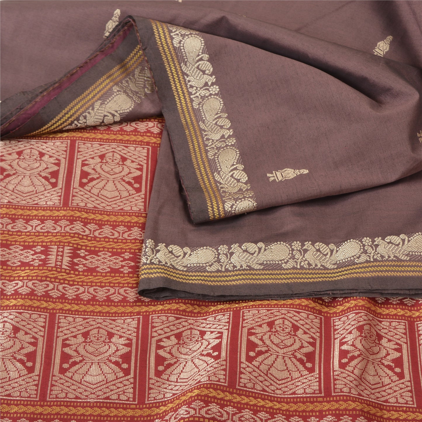 Sanskriti Vintage Purple Sarees Blend Cotton Hand-Woven Premium Sari Sustainable Fabric