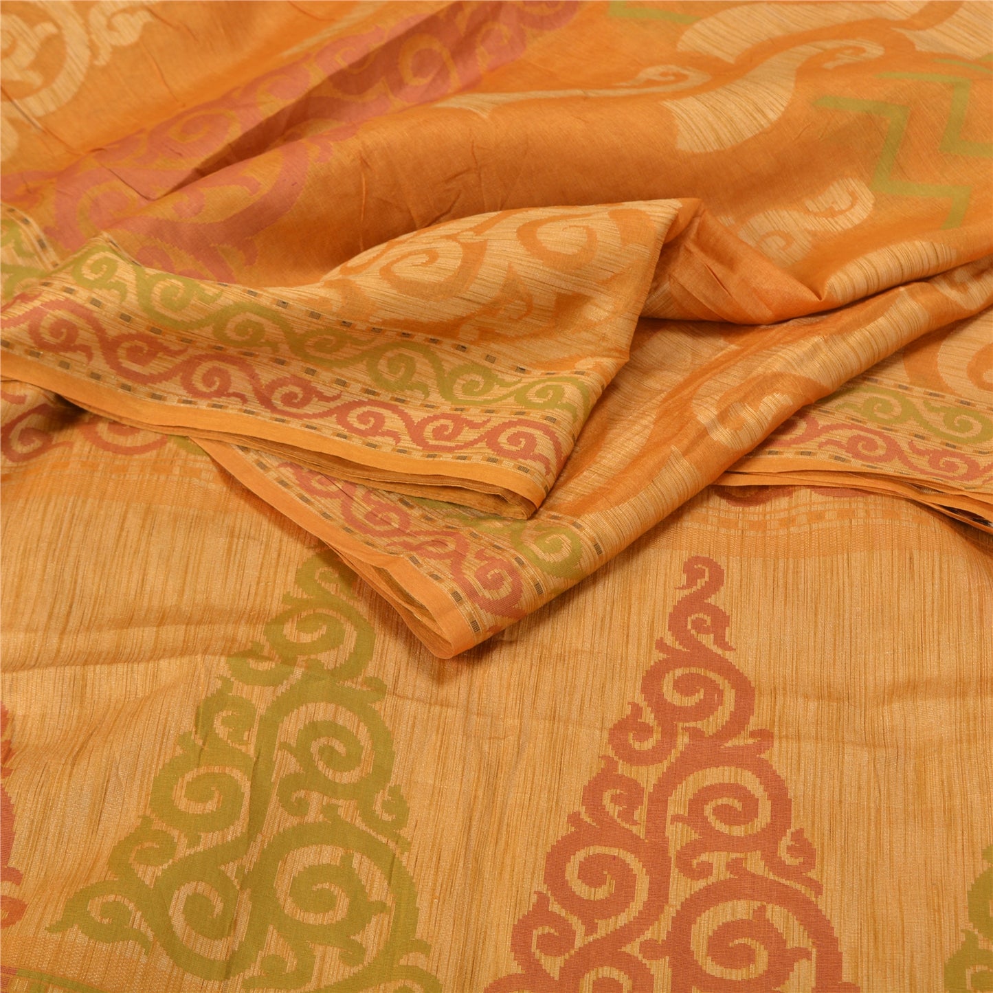 Sanskriti Vintage Saffron Indian Sarees 100% Pure Silk Woven Sari Craft Sustainable Fabric