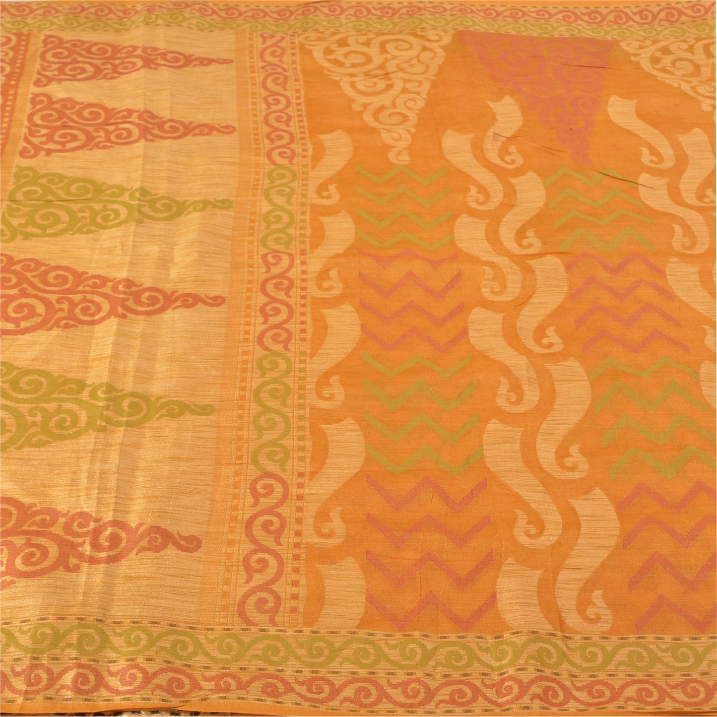 Sanskriti Vintage Saffron Indian Sarees 100% Pure Silk Woven Sari Craft Sustainable Fabric