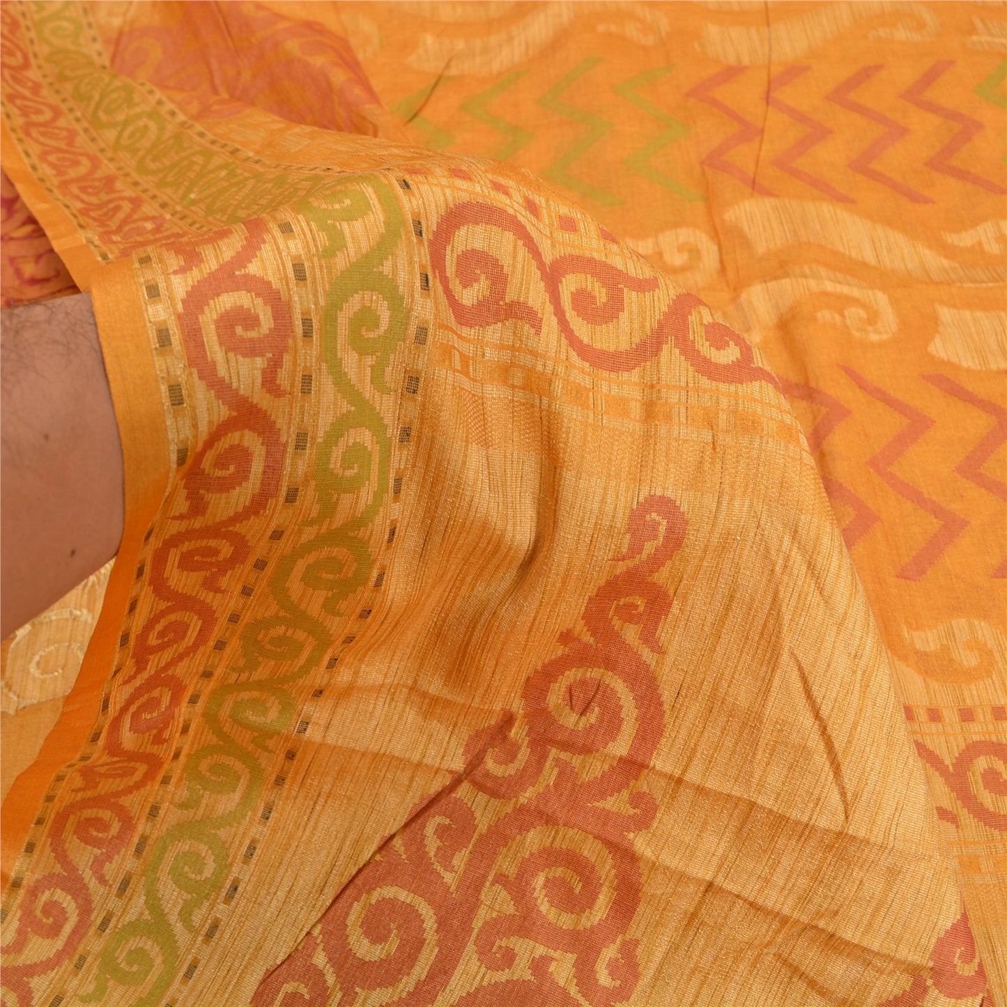 Sanskriti Vintage Saffron Indian Sarees 100% Pure Silk Woven Sari Craft Sustainable Fabric